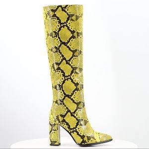 Snake-Effect Faux Leather in Yellow Knee High Boots with Block Heel